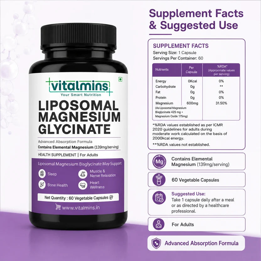 Vitalmins Liposomal Magnesium Glycinate Capsules | Maximum Bioavailability for Deep Sleep, Muscle Recovery & Stress Relief – 60 Capsules