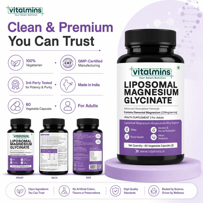 Vitalmins Liposomal Magnesium Glycinate Capsules | Maximum Bioavailability for Deep Sleep, Muscle Recovery & Stress Relief – 60 Capsules