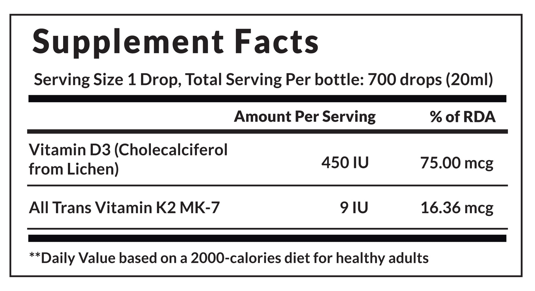 Vitaone Liquid Vitamin D3 + K2 (20ml)