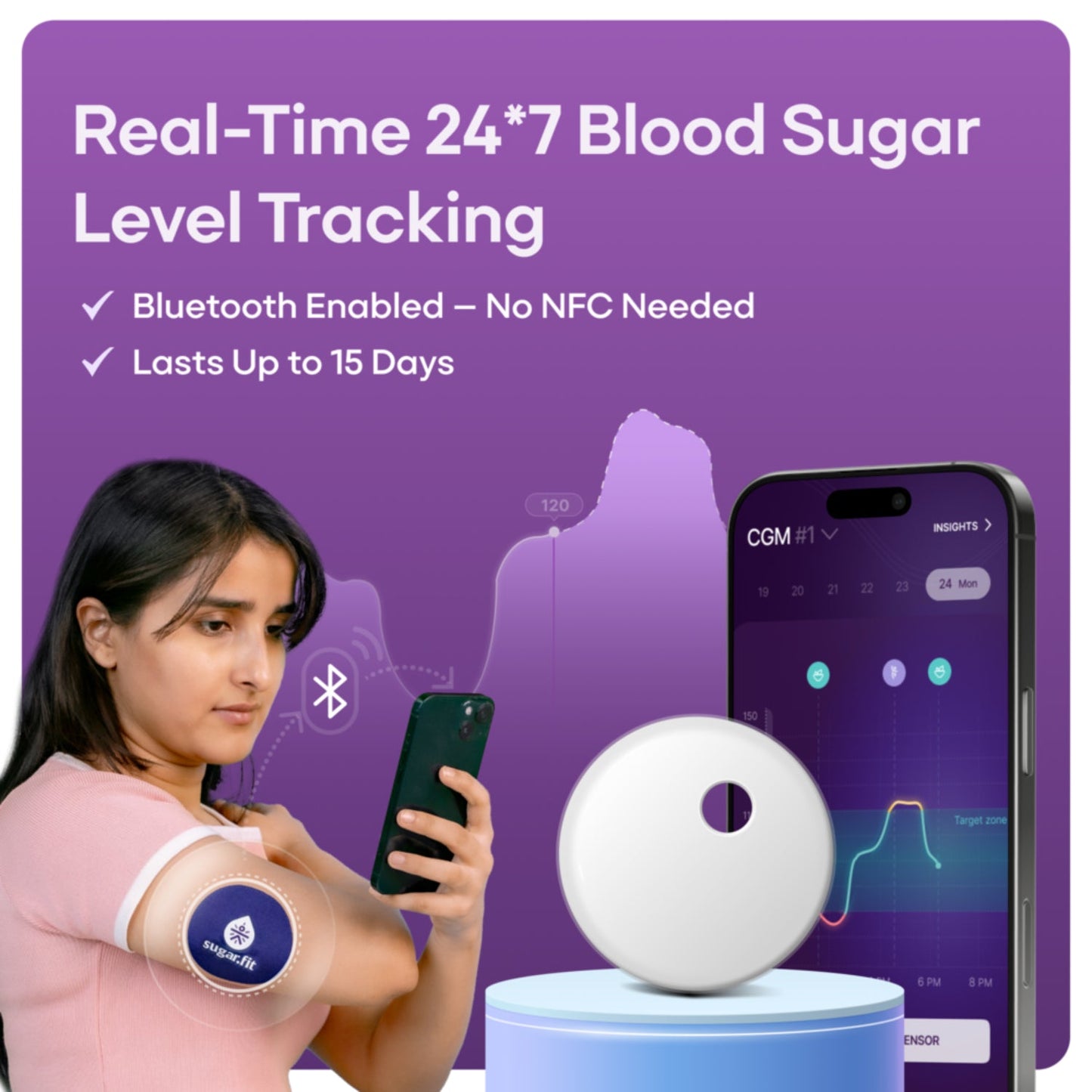 Sugar.fit Smart Glucose Monitoring, Real-Time Blood Sugar Level Tracking, Bluetooth-Enabled, Last upto 15 days