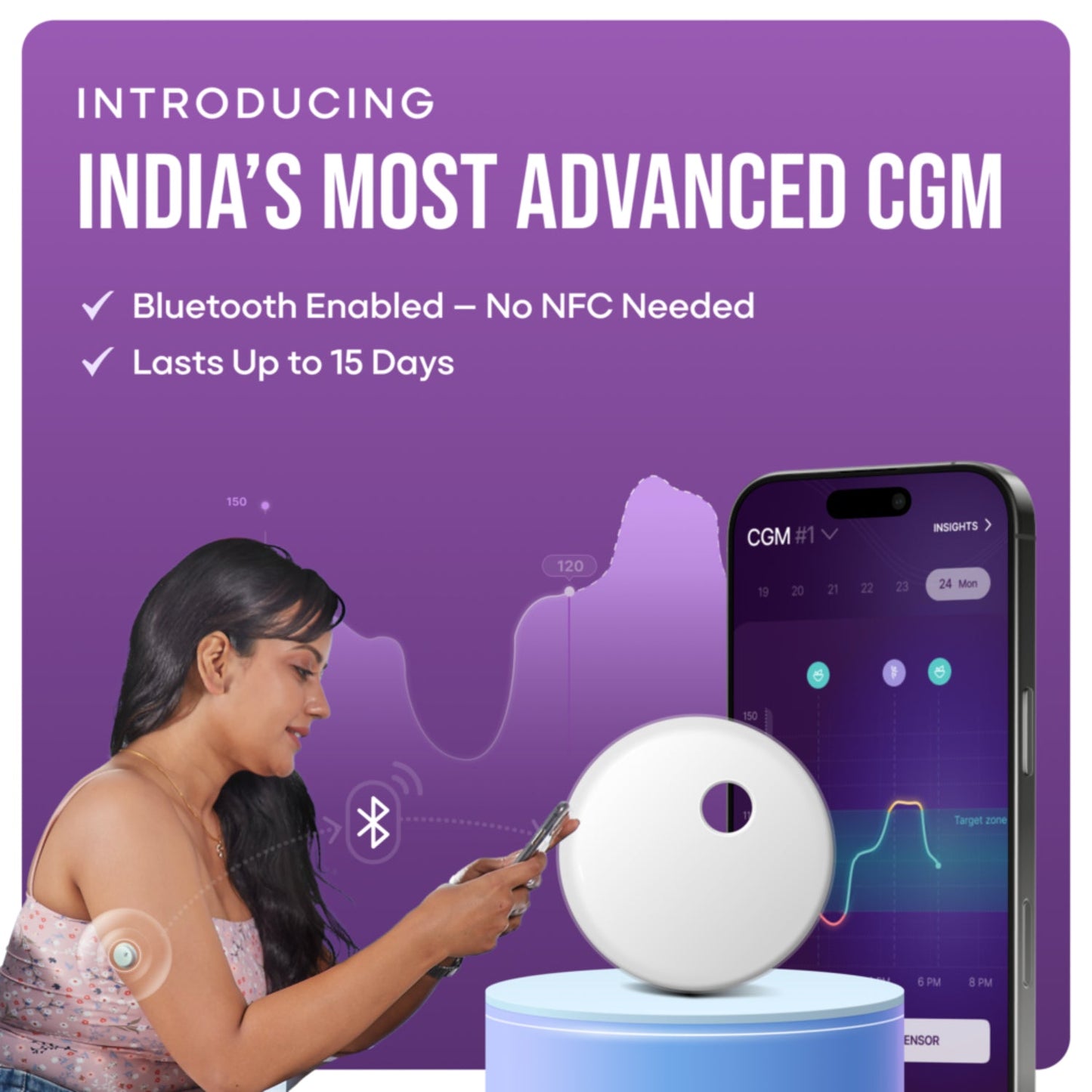 Sugar.fit Smart Glucose Monitoring, Real-Time Blood Sugar Level Tracking, Bluetooth-Enabled, Last upto 15 days