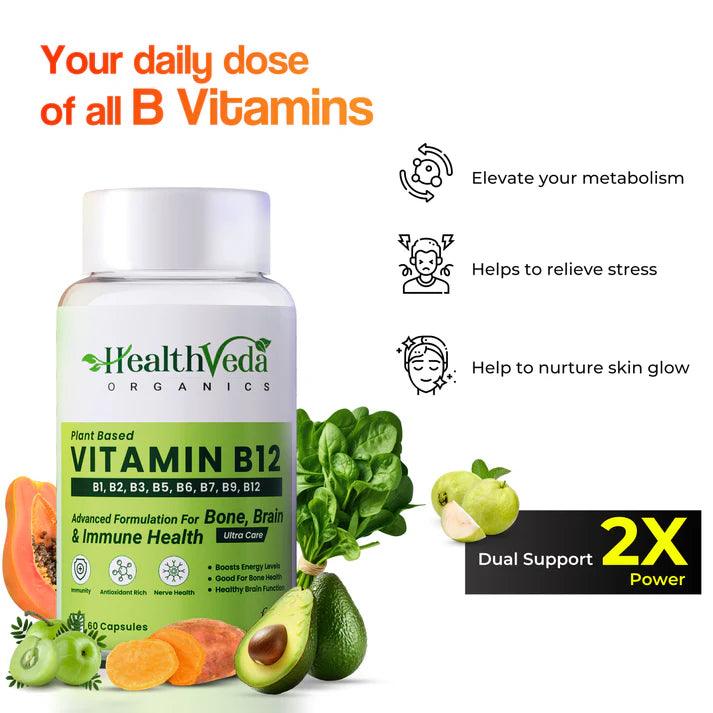 Health Veda Organics Vitamin B12 Capsule | Plant Based Capsule for Healthy Metabolism & Nervous System - 60 Capsules