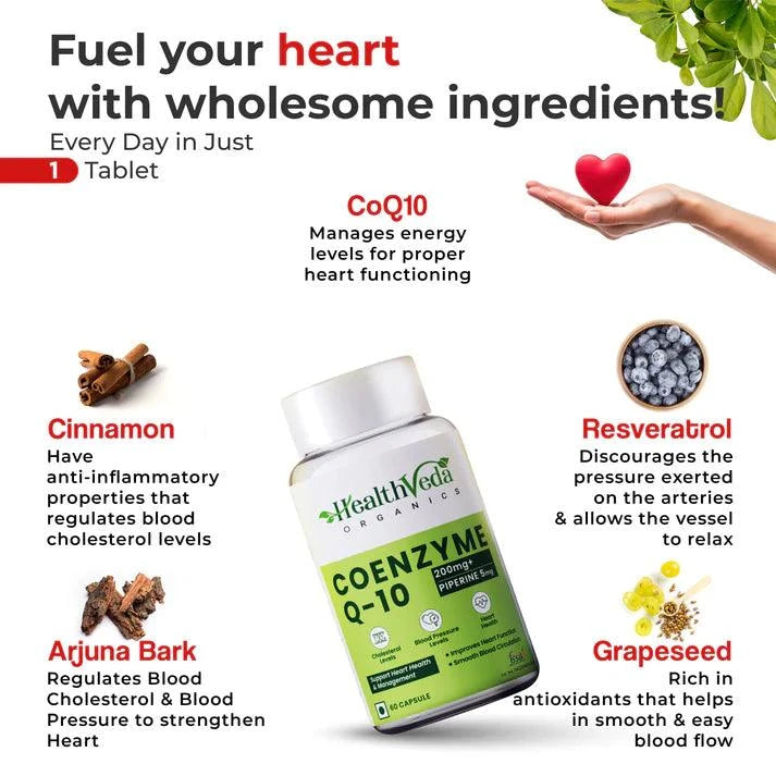 Health Veda Organics Coenzyme Q10 - Mitochondrial Energy & Cardiovascular Equilibrium (60 Capsules)