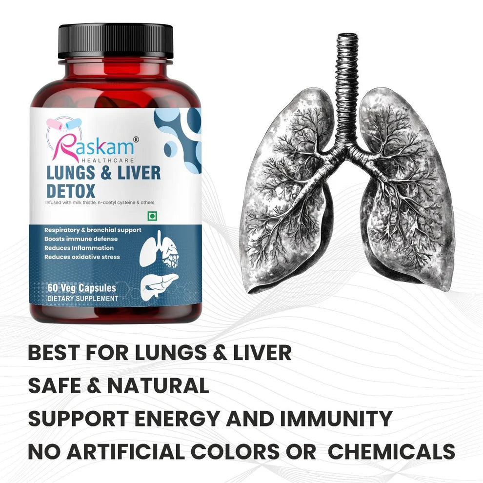 Raskam Lungs & Liver Detox Supplement | Milk Thistle & N-Acetyl Cysteine, Immune Support | 60 Veg Capsules