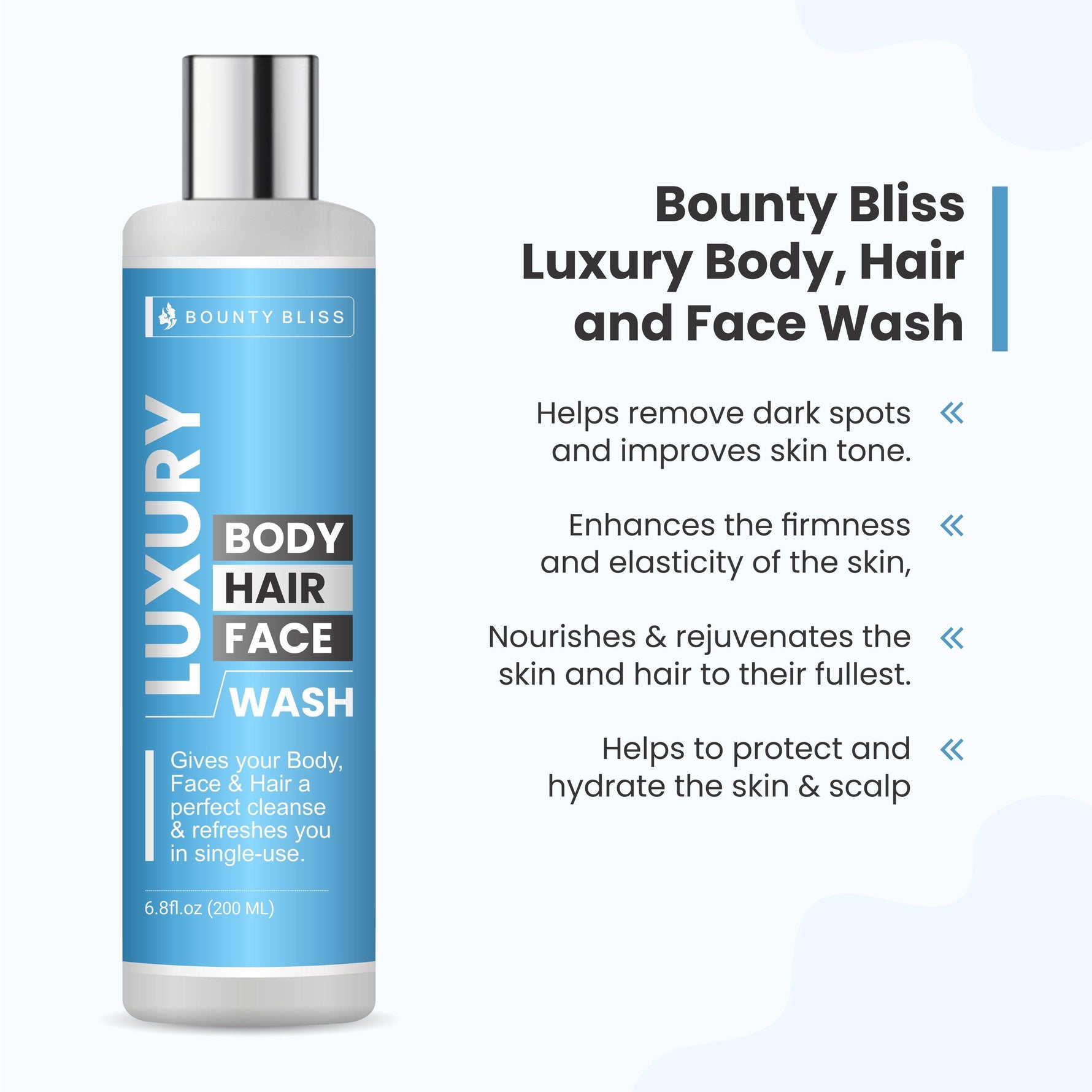 Bounty Bliss Luxury Body, Hair and Face Wash All Skin Types Clear, Glowing Skin 100% Vegan Paraben & Sulphates Free For Women & Men - 200ml