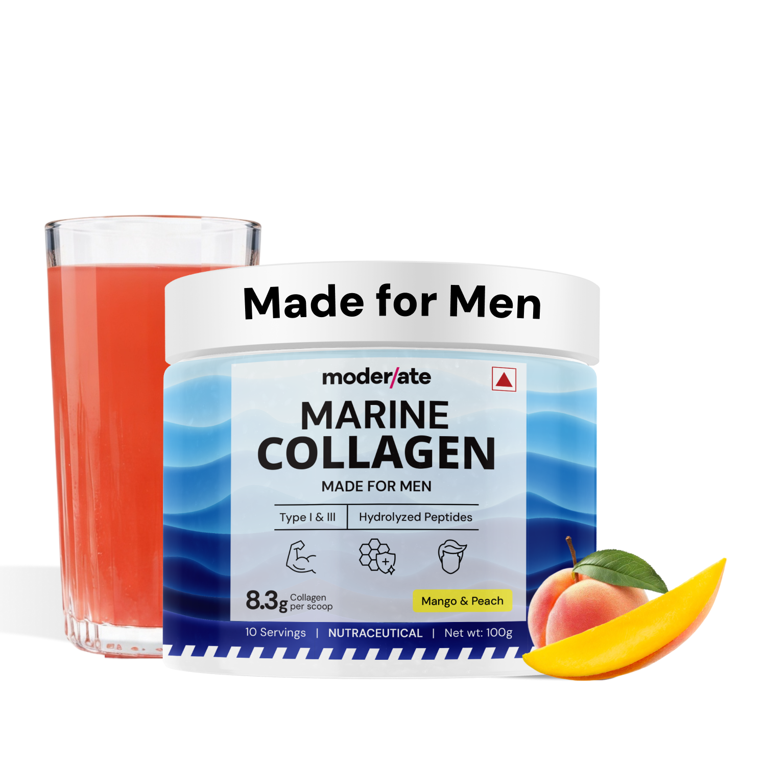 Moderate Marine Collagen Powder for Men, Type 1 & 3 Hydrolyzed Peptides with Glutathione, Vitamin C, Hyaluronic Acid, Biotin, Mango Peach Flavour, Add to Whey Shake or Any Drink, 100g