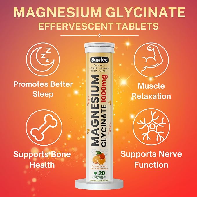 Suplee Magnesium Glycinate Effervescent Tablets 1000mg, Orange, 20 Count