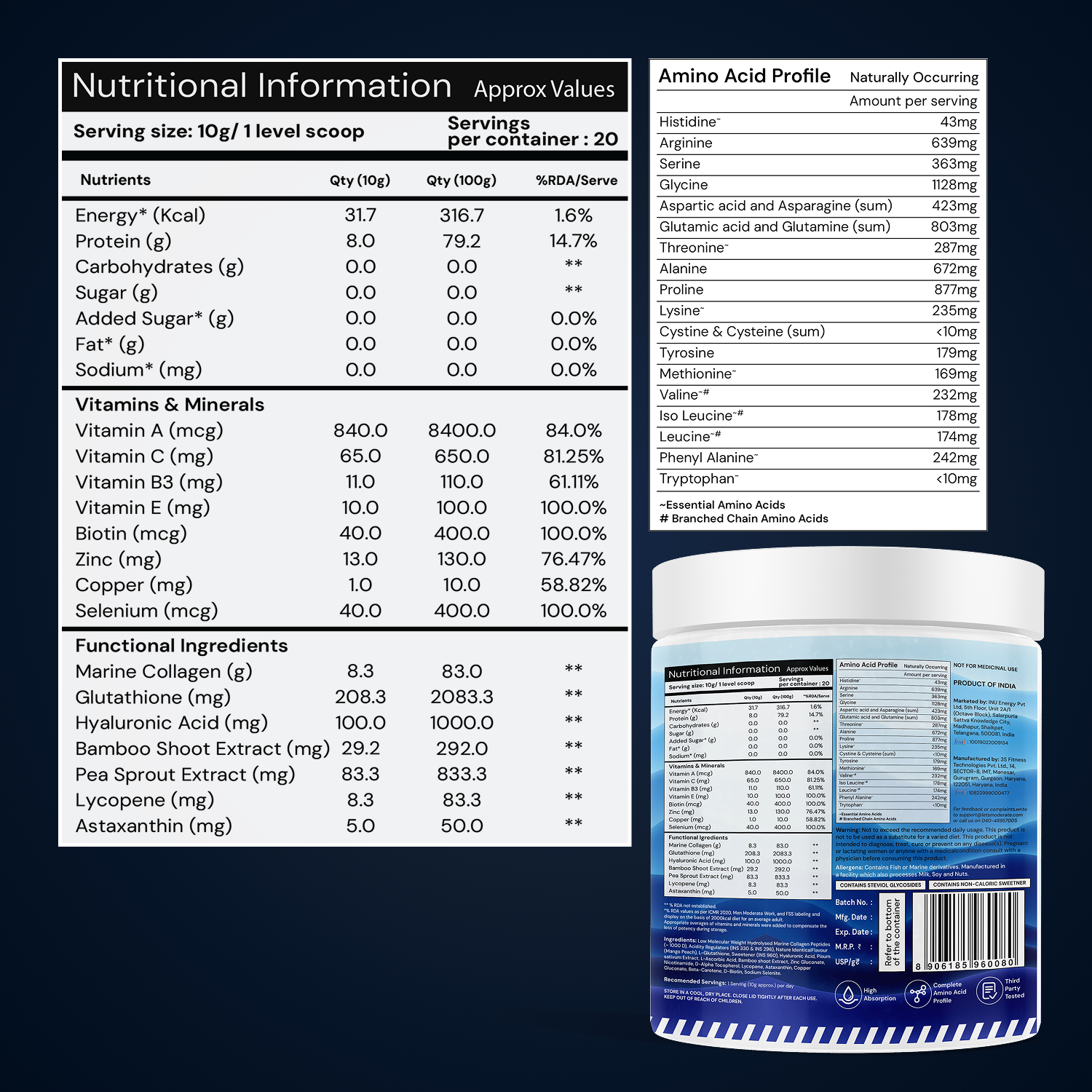 Moderate Marine Collagen Powder for Men, Type 1 & 3 Hydrolyzed Peptides with Glutathione, Vitamin C, Hyaluronic Acid, Biotin, Mango Peach Flavour, Add to Whey Shake or Any Drink, 200g