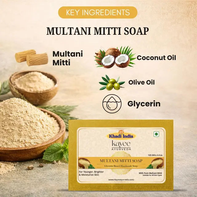 Kayee Ayurveda Multani Mitti Sandalwood Soap for Men & Women | Herbal Clay & Sandalwood Bathing Soap | Deep Cleansing Body Soap for Dirt, Sweat & Excess Oil | Fresh, Clean & Smooth Looking Skin