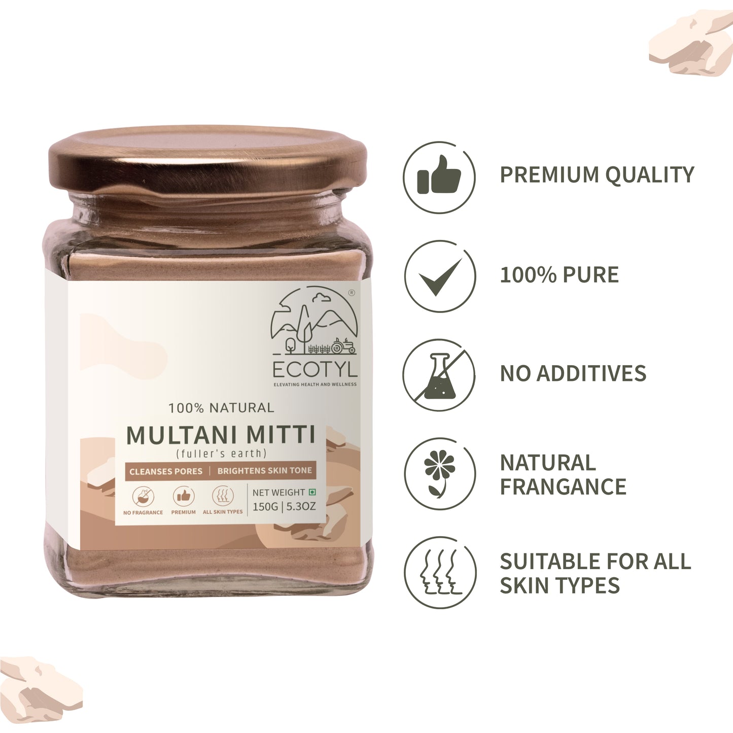 Ecotyl Multani Mitti Powder | Face Pack for Exfoliation & Clear Skin | Bentonite Clay - 150g