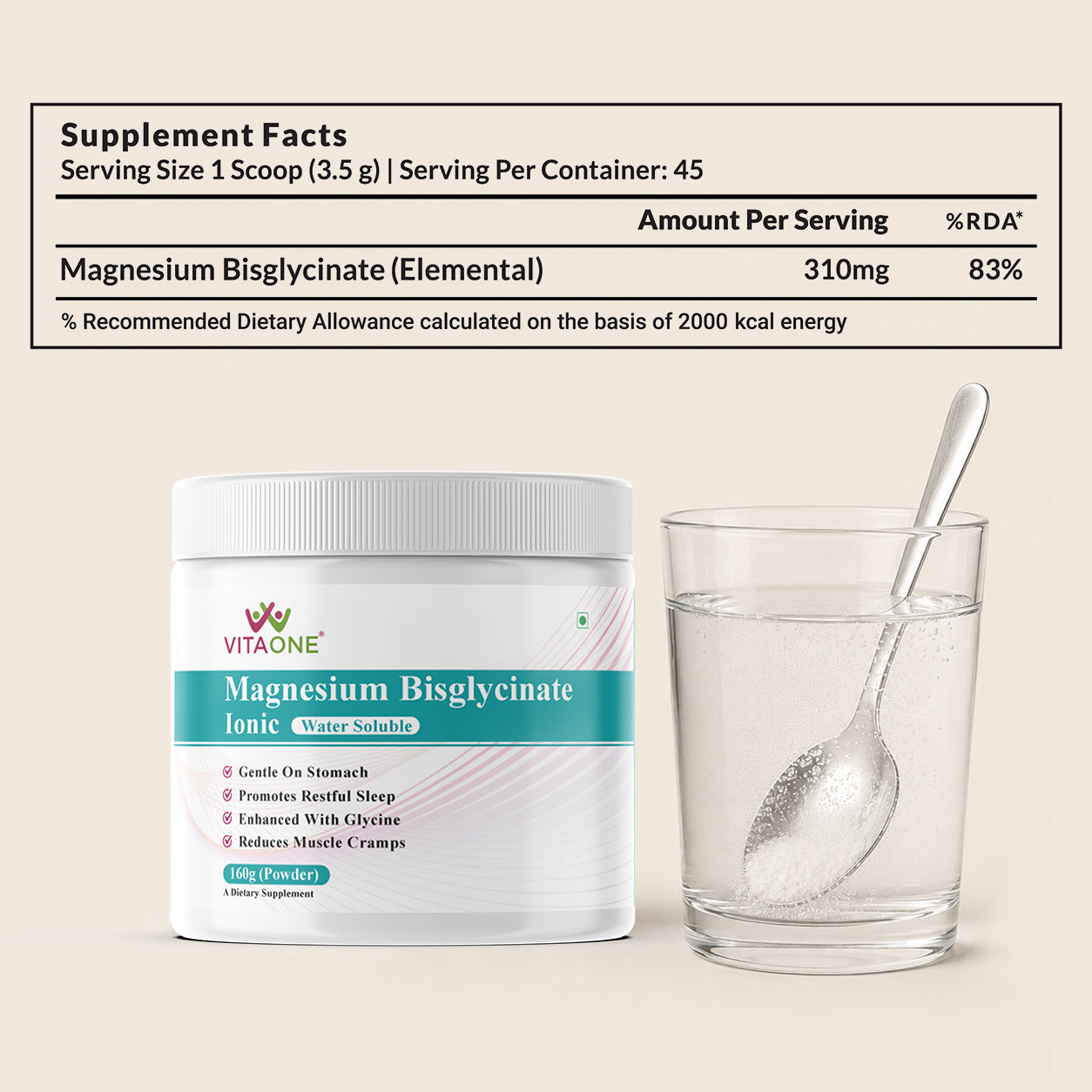 Vitaone Magnesium Bisglycinate Ionic Powder (160g) | High Absorption Formula for Muscle Recovery, Sleep & Stress Support