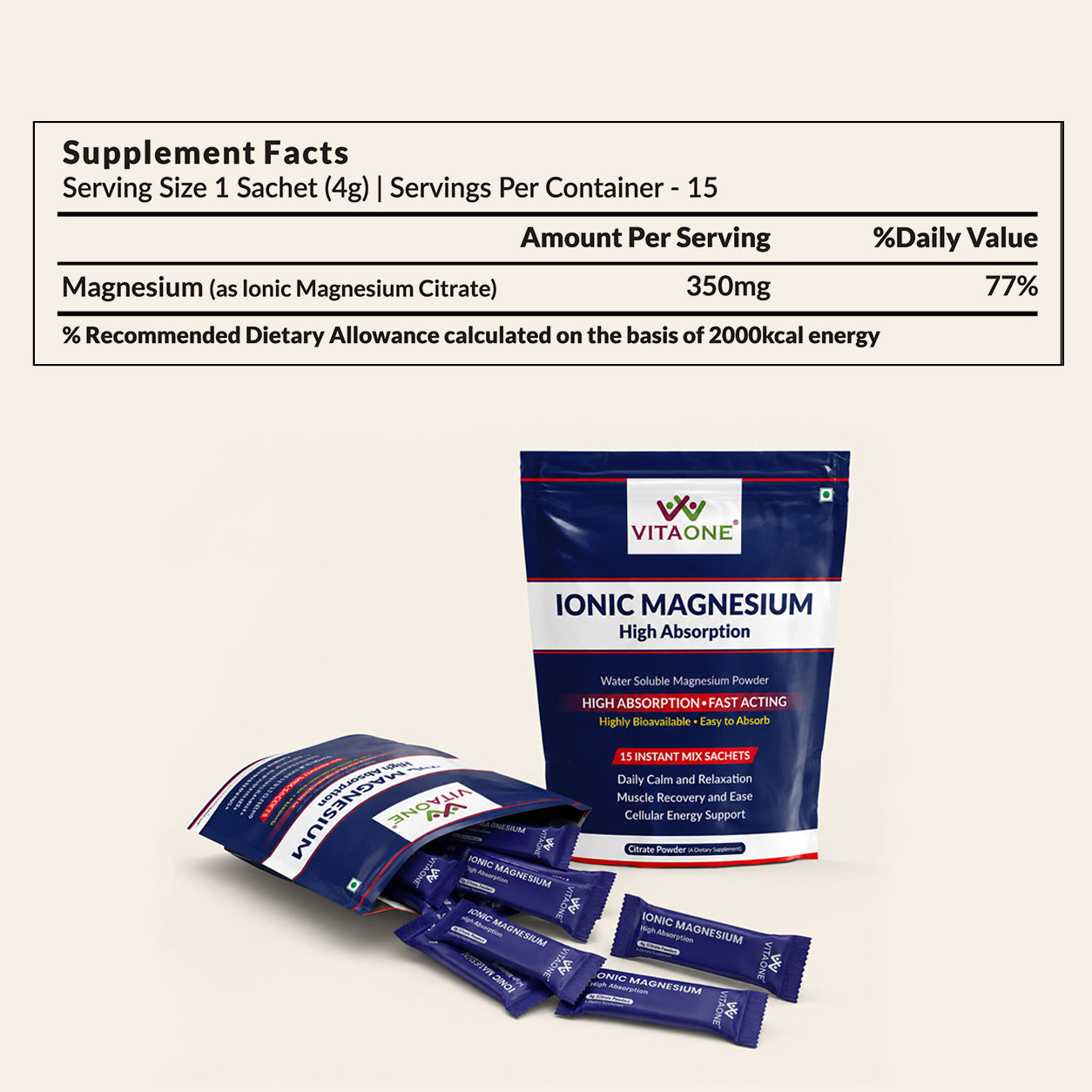 Vitaone Magnesium Effervescent / Oral Powder Sachets (15 x 4g) | For Muscle Recovery, Energy & Stress Relief