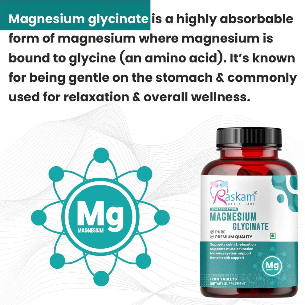 Raskam Magnesium Glycinate Tablets, 2000mg per serving, 120 vegetarian tablets