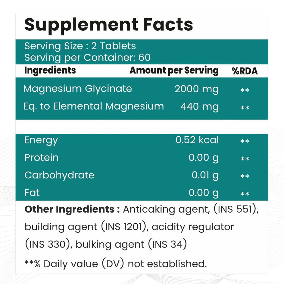 Raskam Magnesium Glycinate Tablets, 2000mg per serving, 120 vegetarian tablets