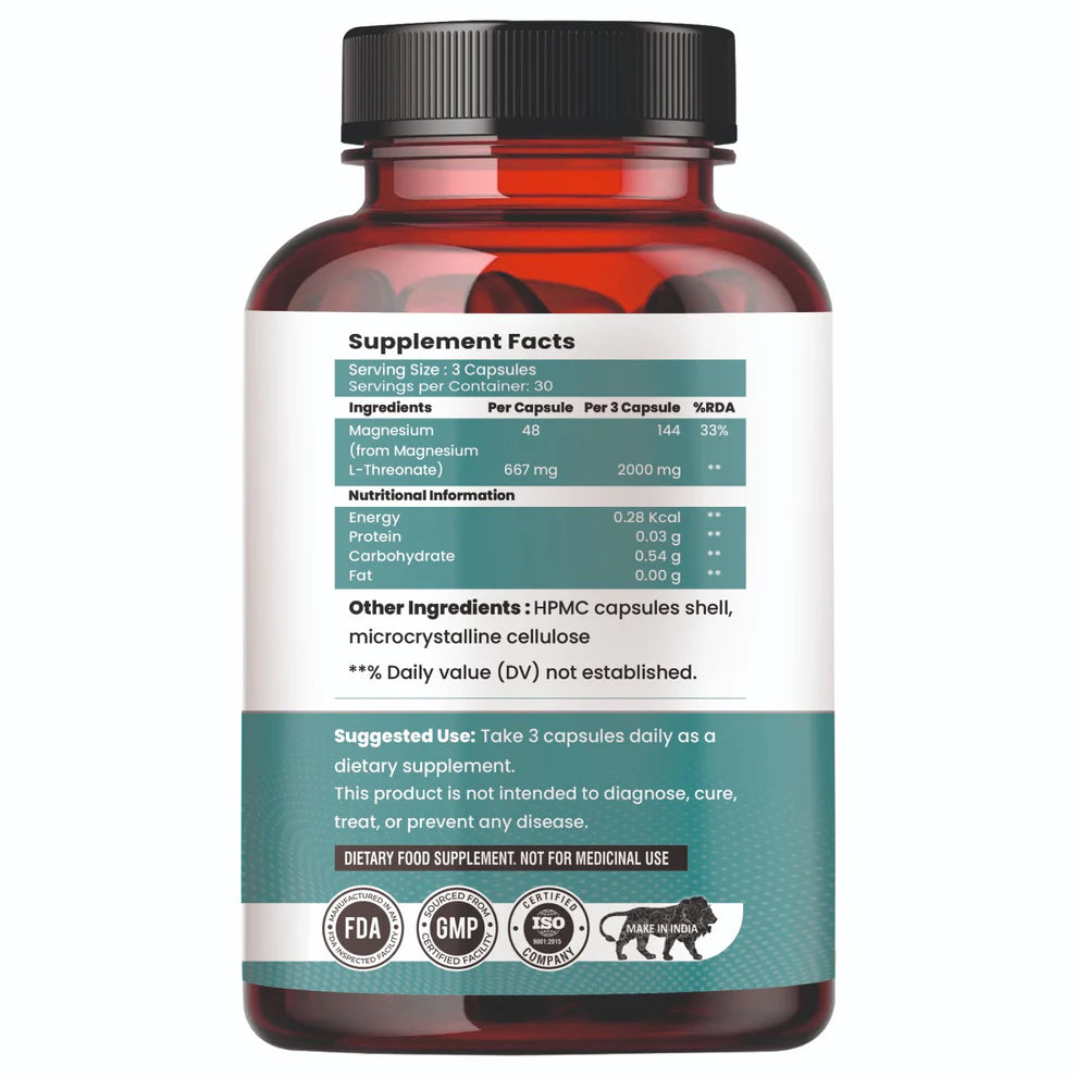 Raskam Magnesium L-Threonate Capsules for Brain Health, Memory & Focus Support | Improves Sleep Quality | 90 Veg Capsules