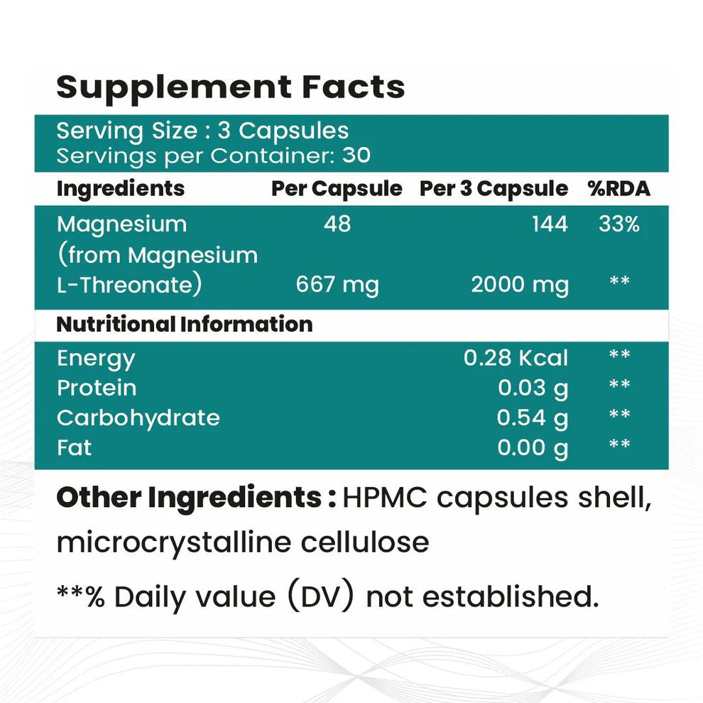 Raskam Magnesium L-Threonate Capsules for Brain Health, Memory & Focus Support | Improves Sleep Quality | 90 Veg Capsules