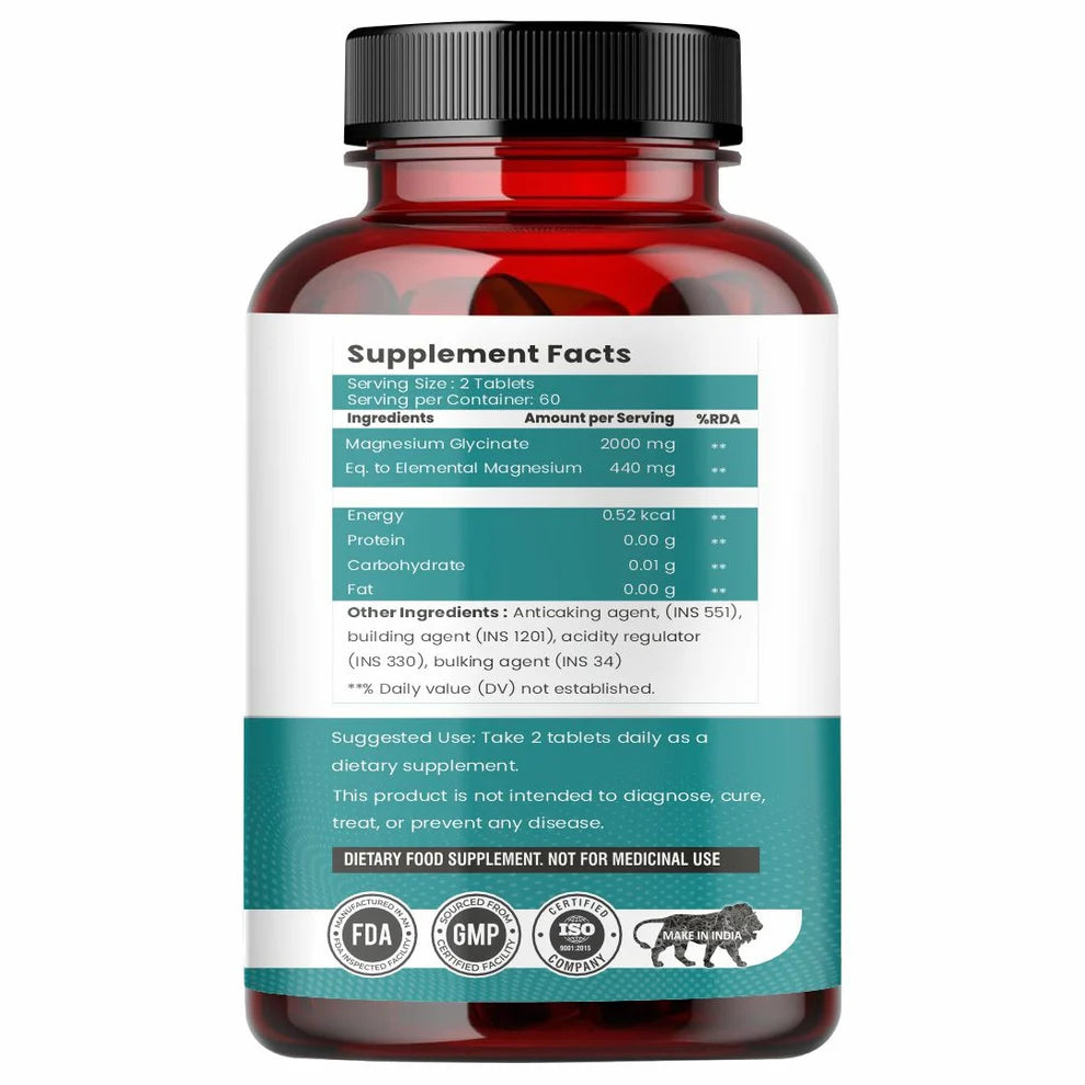 Raskam Magnesium Glycinate Tablets, 2000mg per serving, 120 vegetarian tablets