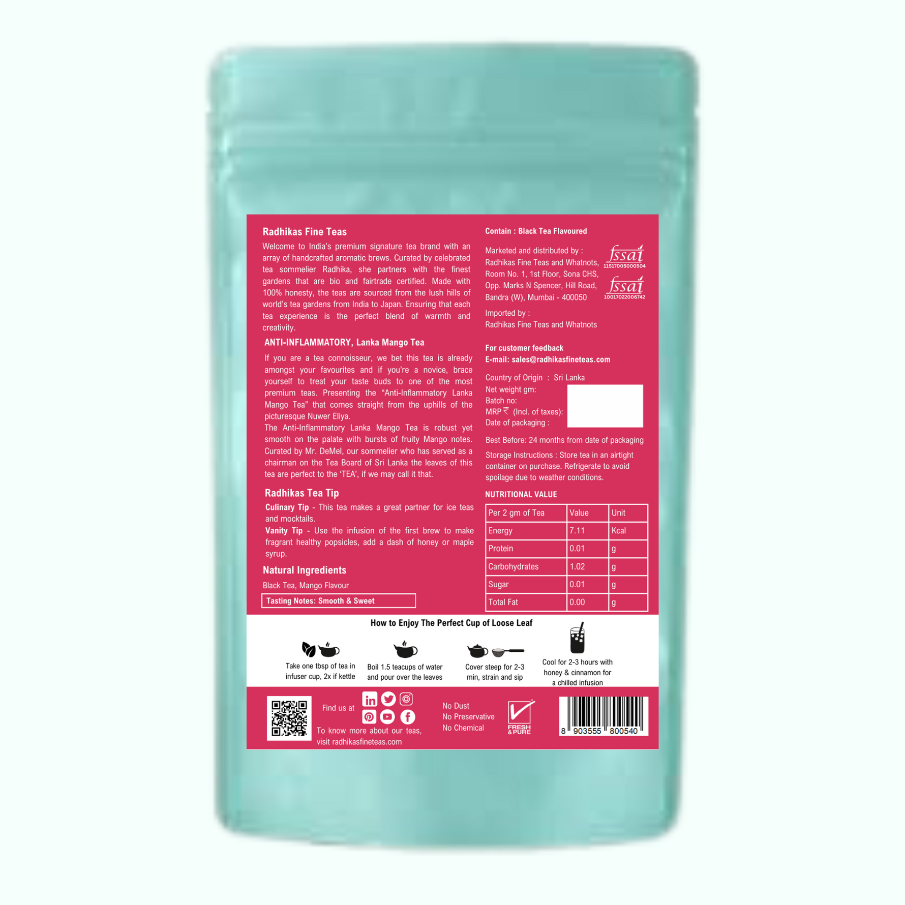 Radhika's Fine Teas Anti-Inflammatory Lanka Mango Black Tea (50g) | Single-Origin Ceylon Black Tea with Mango for Joint Support, Immunity & Energy