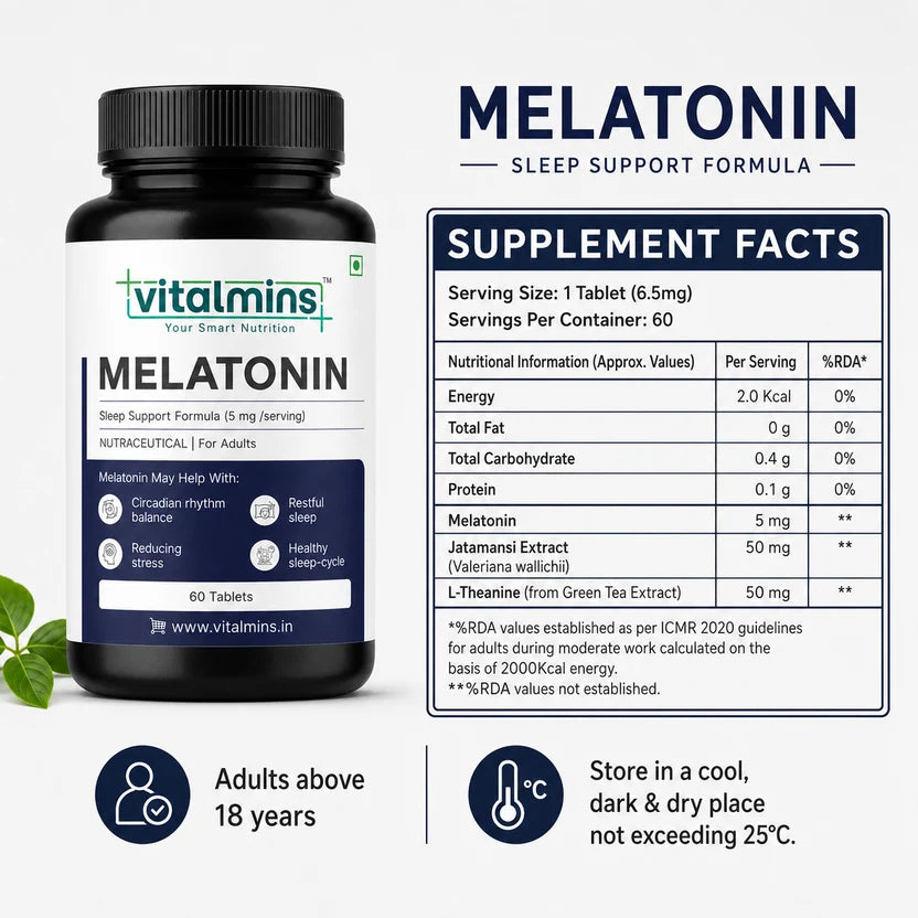 Vitalmins Melatonin Sleep Support Tablets | Fast-Acting Natural Sleep Aid for Restful Sleep, Jet Lag & Sleep Cycle Reset – 60 Tablets