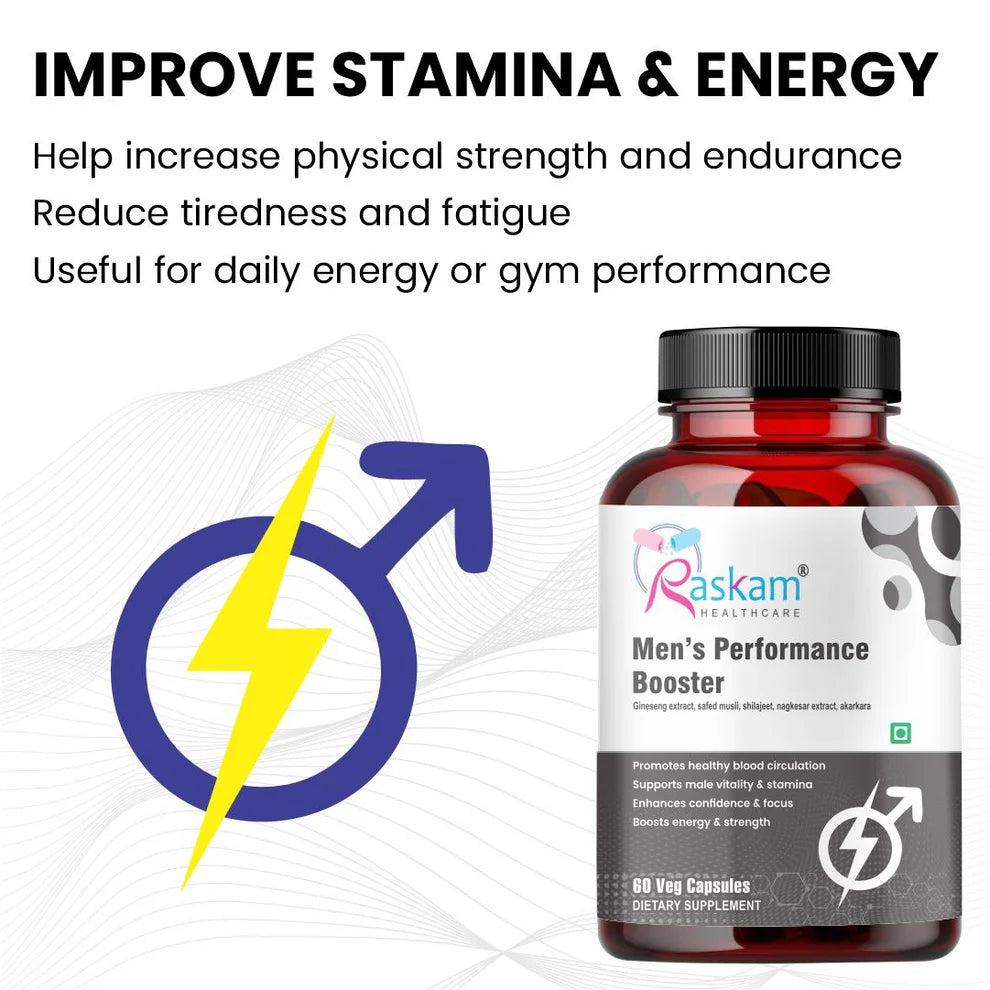 Raskam Men's Performance Booster 60 - Capsules - Improve Muscle Strength & Performance, Boost Energy for Men