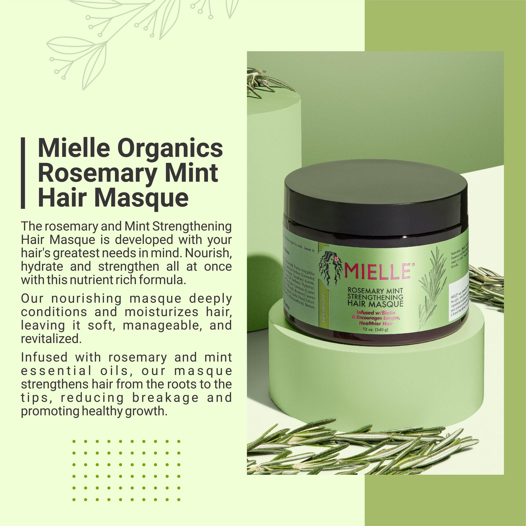 Mielle Rosemary Mint Strengthening Hair Masque, Essential Oil & Biotin Deep Treatment, Miracle Repair for Dry, Damaged, & Frizzy Hair 340gm,1 Count