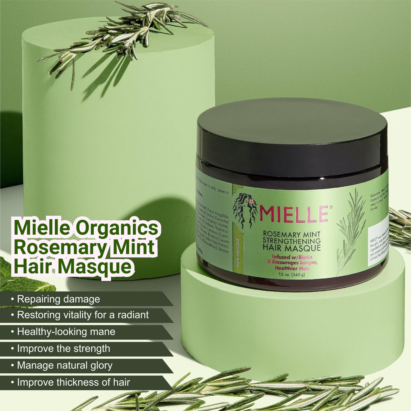 Mielle Rosemary Mint Strengthening Hair Masque, Essential Oil & Biotin Deep Treatment, Miracle Repair for Dry, Damaged, & Frizzy Hair 340gm,1 Count
