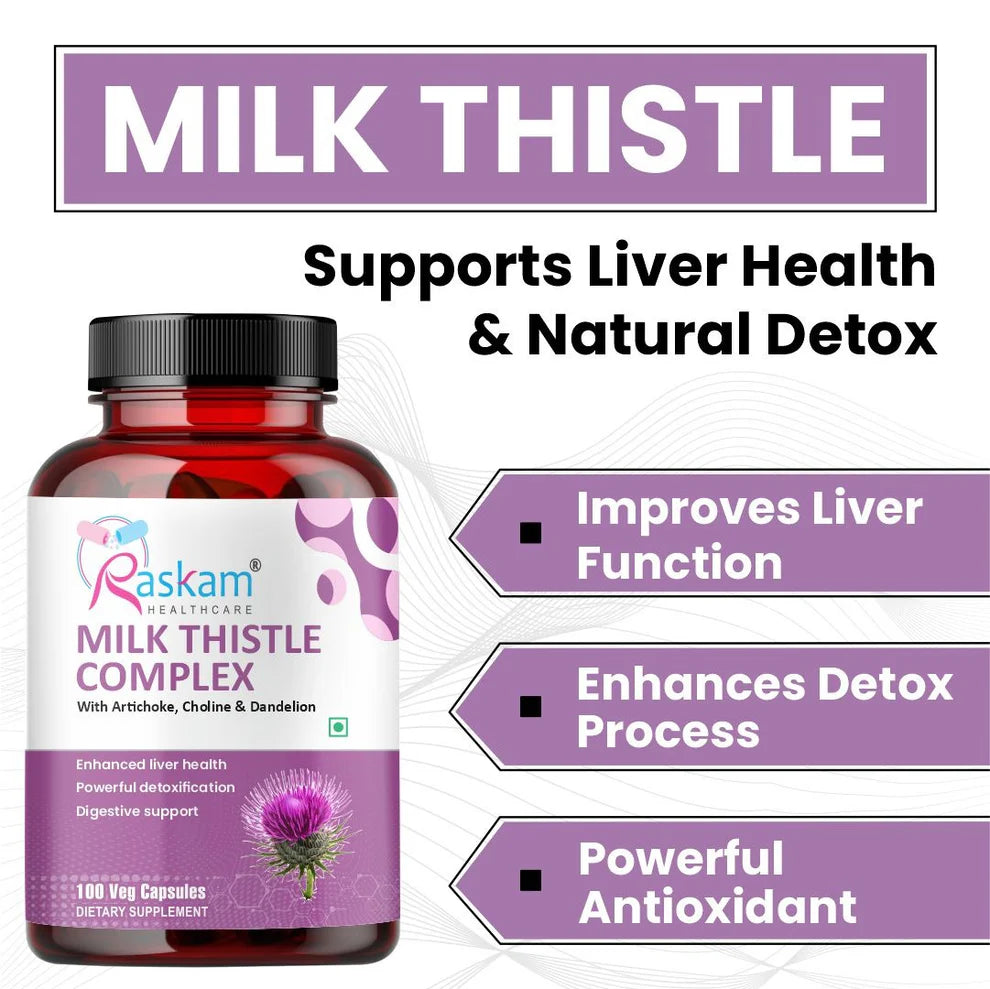 Raskam Milk Thistle Complex Capsules | Liver & Gall bladder health supplement | Antioxidant & anti- inflammatory | Liver Detox, Liver refresher | 100 Veg Capsules