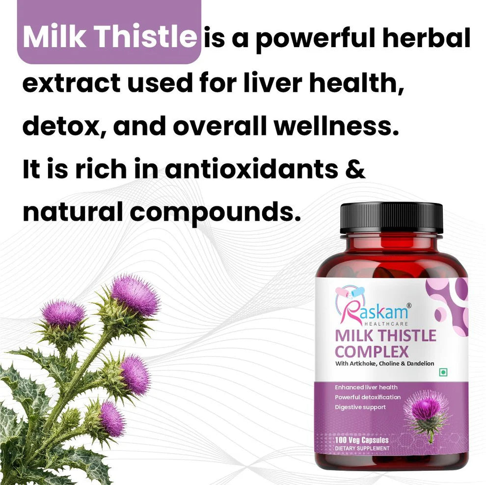 Raskam Milk Thistle Complex Capsules | Liver & Gall bladder health supplement | Antioxidant & anti- inflammatory | Liver Detox, Liver refresher | 100 Veg Capsules