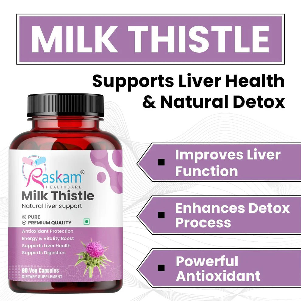 Raskam Milk Thistle-100 Veg capsules Milk Thistle Extract for Complete Liver Support, Alcohol Detox & Protection Against Fatty Liver