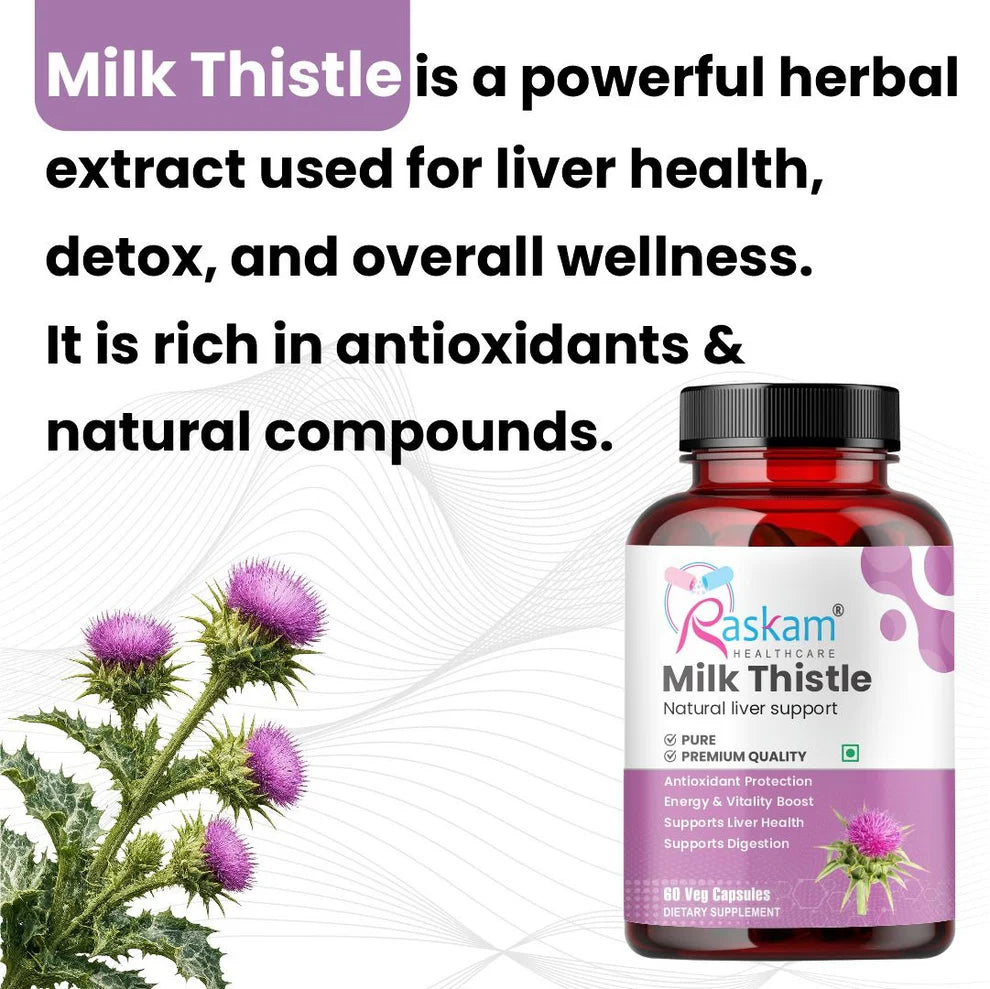 Raskam Milk Thistle-100 Veg capsules Milk Thistle Extract for Complete Liver Support, Alcohol Detox & Protection Against Fatty Liver