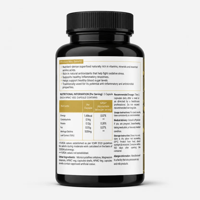Vitalmins Moringa Leaf Extract 500MG Capsules | Nutrient-Rich Superfood Supplement for Energy, Immunity & Daily Vitality – 60 Veg Capsules
