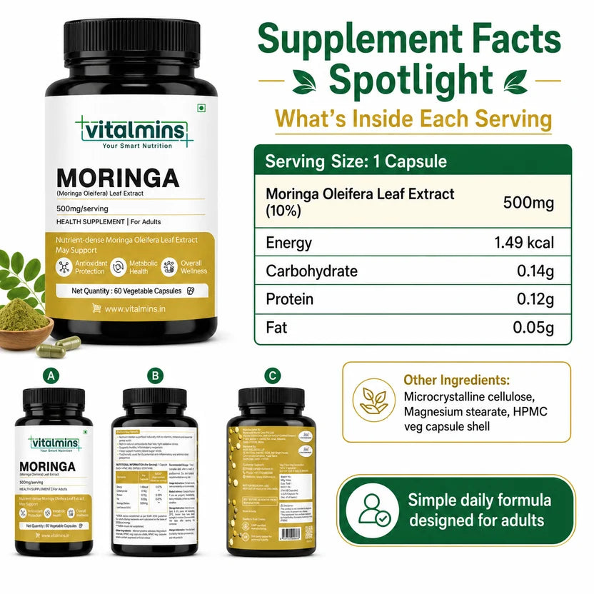 Vitalmins Moringa Leaf Extract 500MG Capsules | Nutrient-Rich Superfood Supplement for Energy, Immunity & Daily Vitality – 60 Veg Capsules