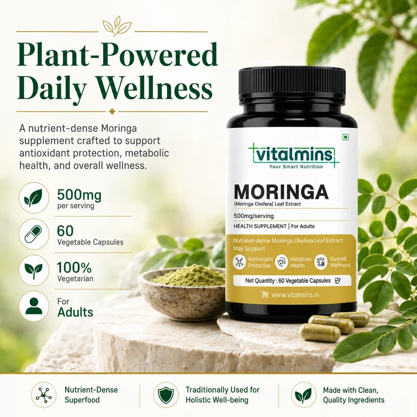 Vitalmins Moringa Leaf Extract 500MG Capsules | Nutrient-Rich Superfood Supplement for Energy, Immunity & Daily Vitality – 60 Veg Capsules