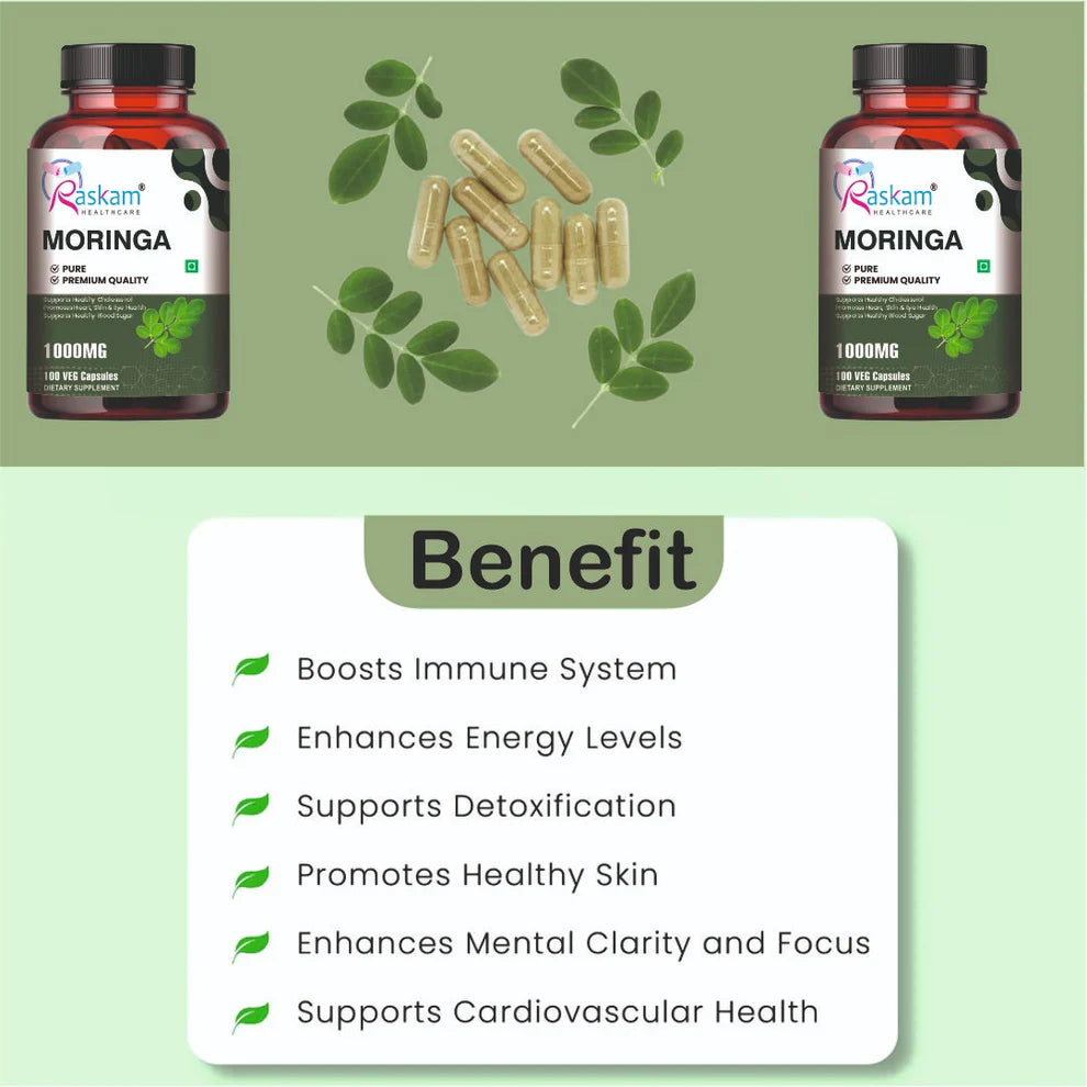 Raskam Moringa 100 Capsules- Helps Lower Blood Sugar & Cholesterol Levels, Boost Metabolism and Digestion