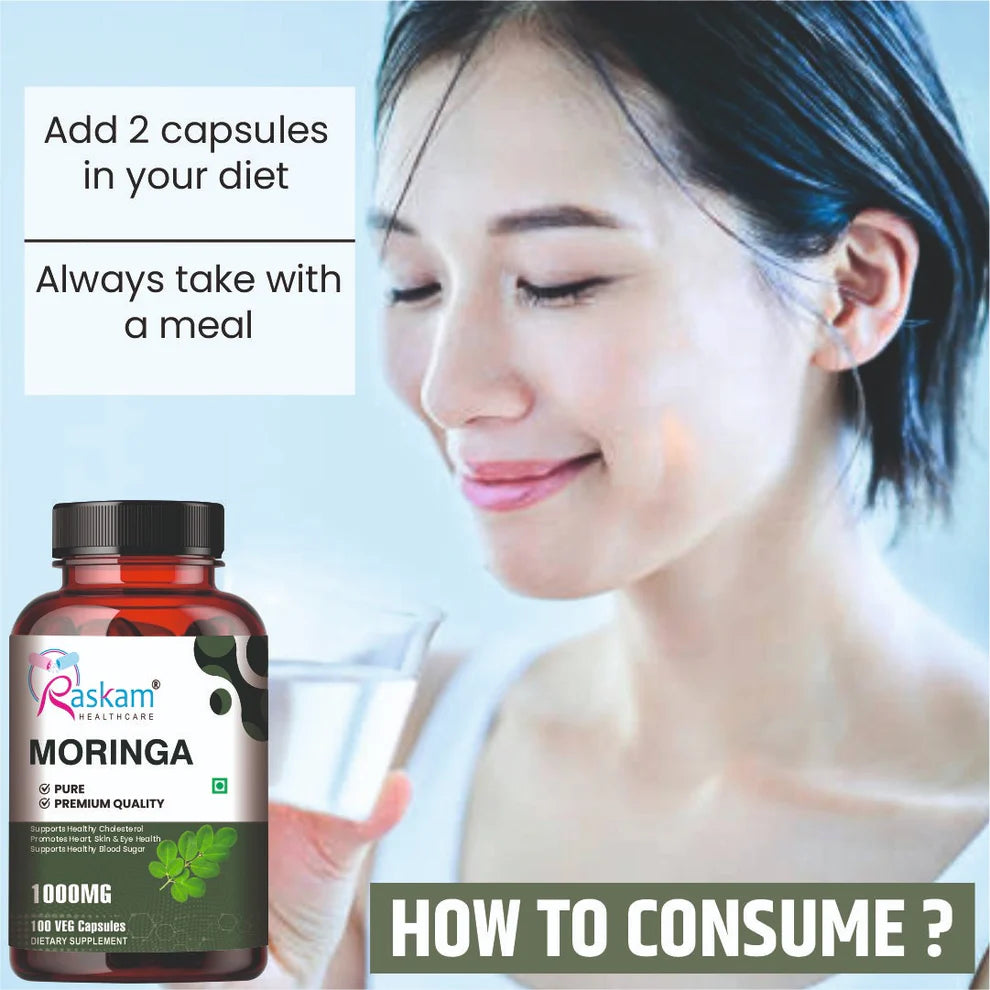 Raskam Moringa 100 Capsules- Helps Lower Blood Sugar & Cholesterol Levels, Boost Metabolism and Digestion