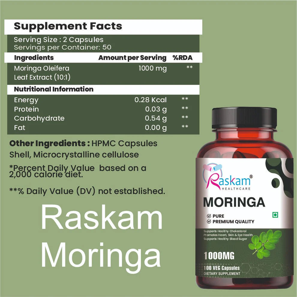Raskam Moringa 100 Capsules- Helps Lower Blood Sugar & Cholesterol Levels, Boost Metabolism and Digestion