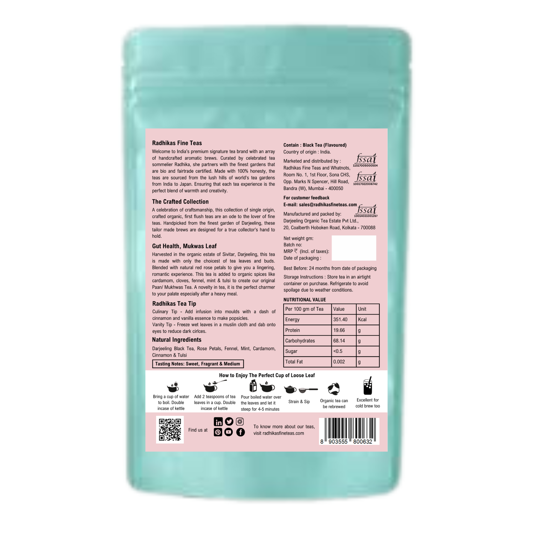 Radhikas Fine Teas Gut Helath Mukhwas Leaf - Promote Gut Health and Calm the Mind - 100gm