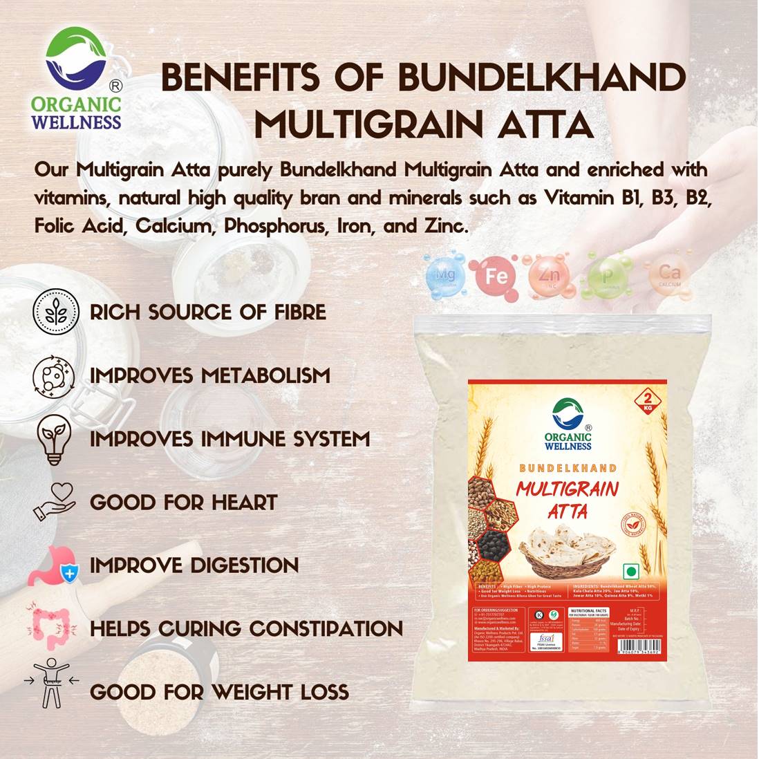 Organic Wellness Whole Wheat Multigrain Atta 5 KG Pack | High Protein | High Fiber | Low Gluten, & Diabetic Friendly