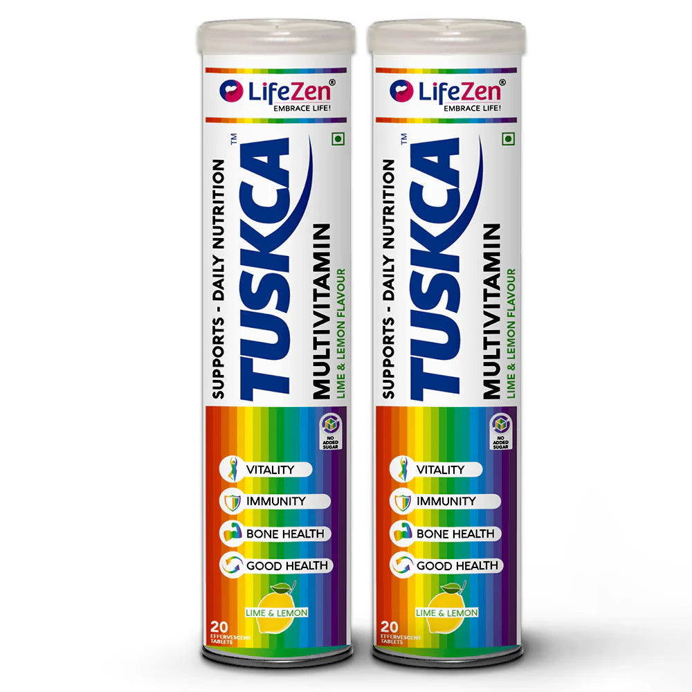Lifezen Tuskca Multivitamin With Vitamin C, Vitamin D3, Calcium, Biotin, Zinc, Iron & Other 23 Ingredients For Good Health, Immunity, Bone Health, Stay Active & Energetic | 20 Effervescent Tablets (Pack of 1) Lime & Lemon Flavour