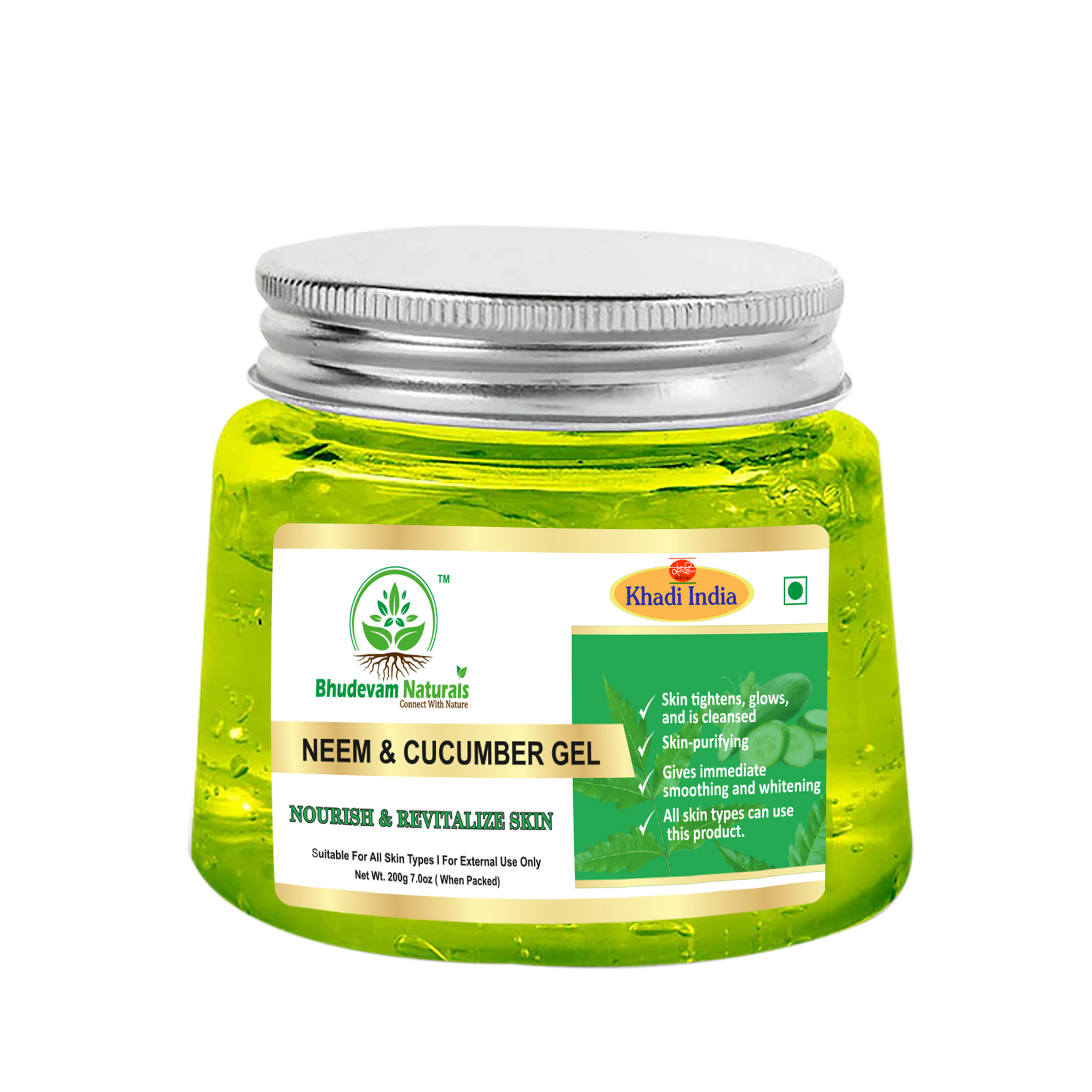 Bhudevam Naturals Khadi Neem Cucumber Aloe Vera Gel for Face & Hair – Acne Control, Oil-Free Hydration & Skin Soothing Gel- 200GM