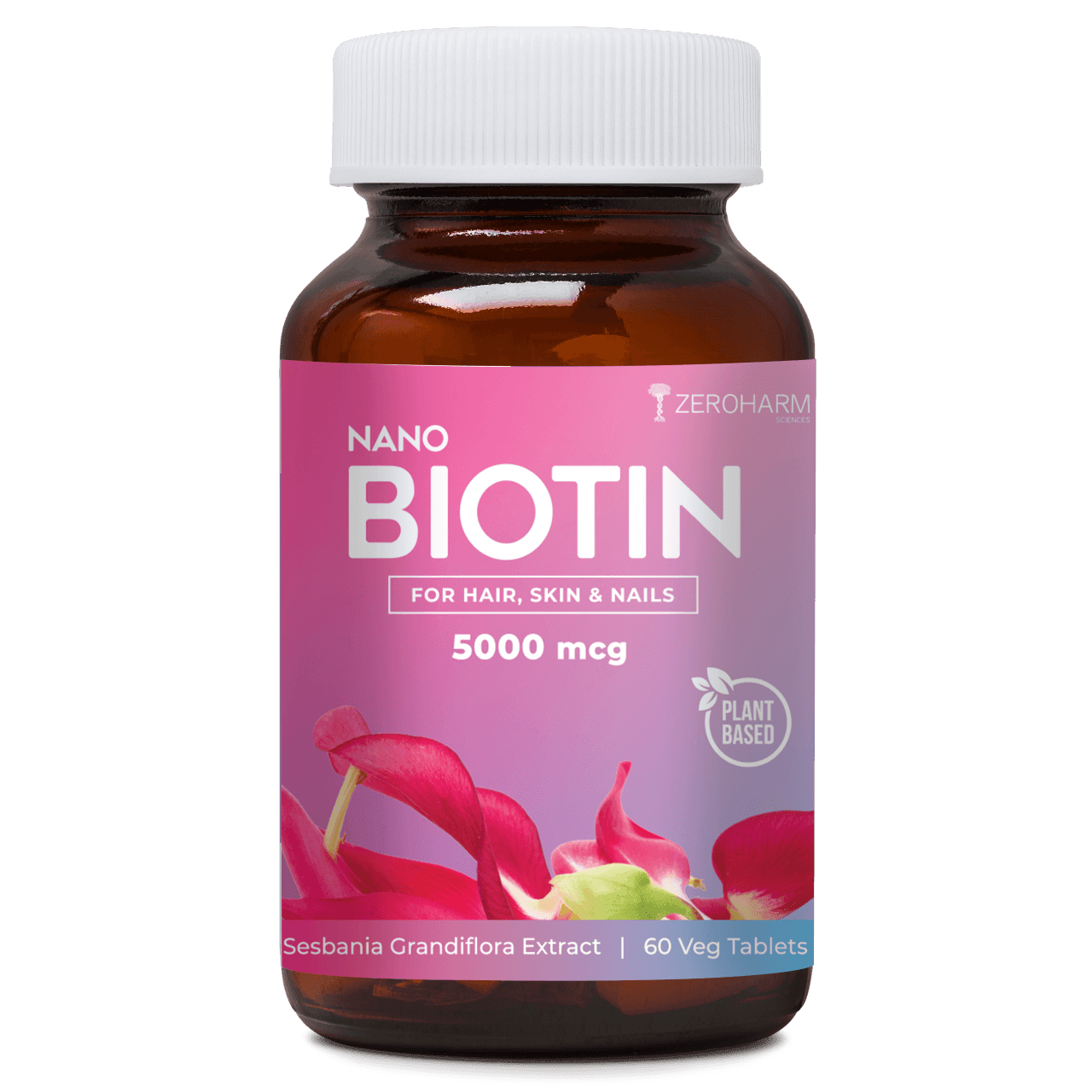 ZEROHARM Biotin Tablets for Hair Growth - Vitamin B7 from Sesbania Grandiflora - Supports Skin Hydration & Nail Strength - For Men & Women - Nano Formulated 60 Veg Tablets