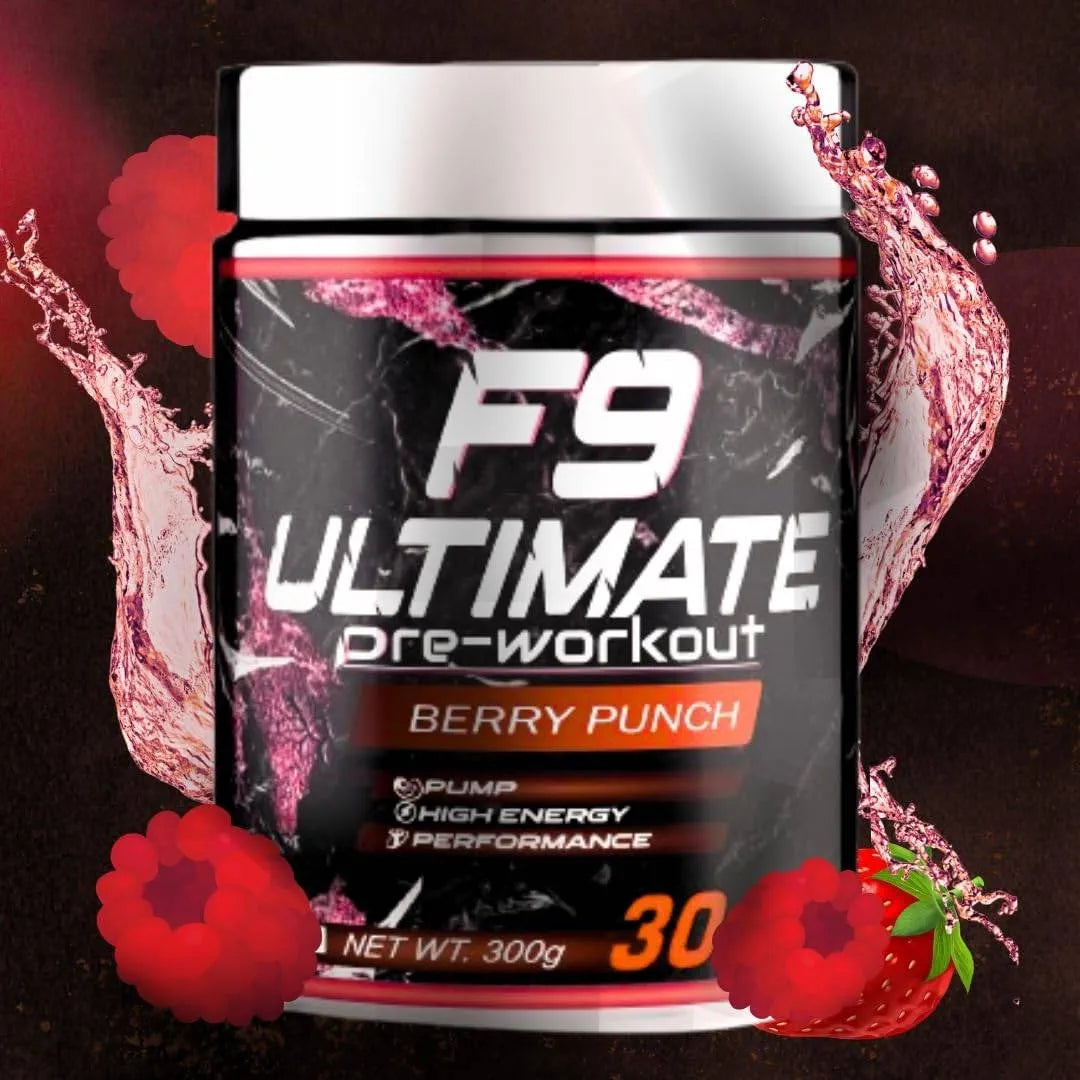 Muscle Asylum F9 Ultimate Pre-Workout Supplement, Berry Punch Flavour, 300g, 30 Servings with Creatine, Beta Alanine and Caffeine