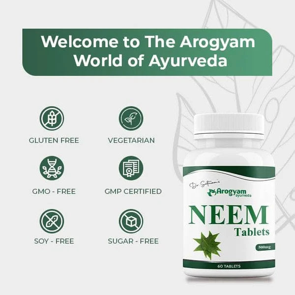 Dr. Satnam’s Arogyam Ayurveda Neem Tablets (500mg, 60 Tablets) | Standardized Bio-Active Neem Extract for Acne, Blood Purification & Immune Support