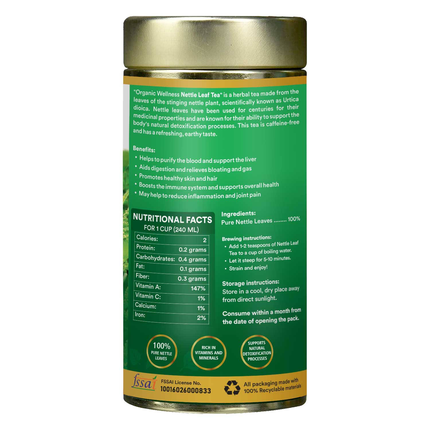 Organic Wellness Nettle Leaf Tea 100 Gram Tin