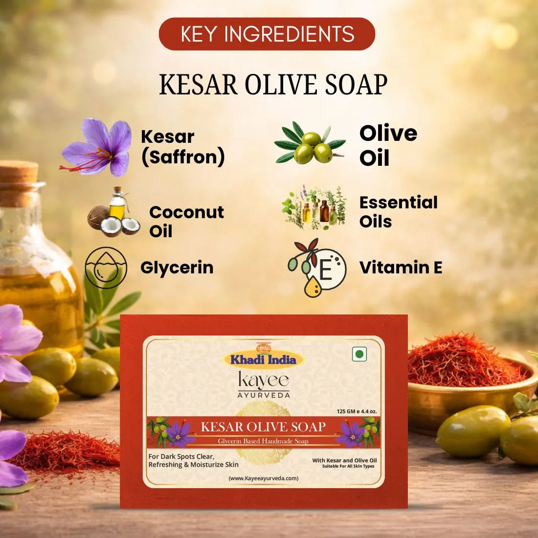 Kayee Ayurveda Kesar Olive Herbal Soap | Saffron & Olive Oil Moisturizing Bathing Soap for Men & Women | Gentle Daily Cleansing Body Bar for Clean, Soft, Smooth & Fresh Looking Skin