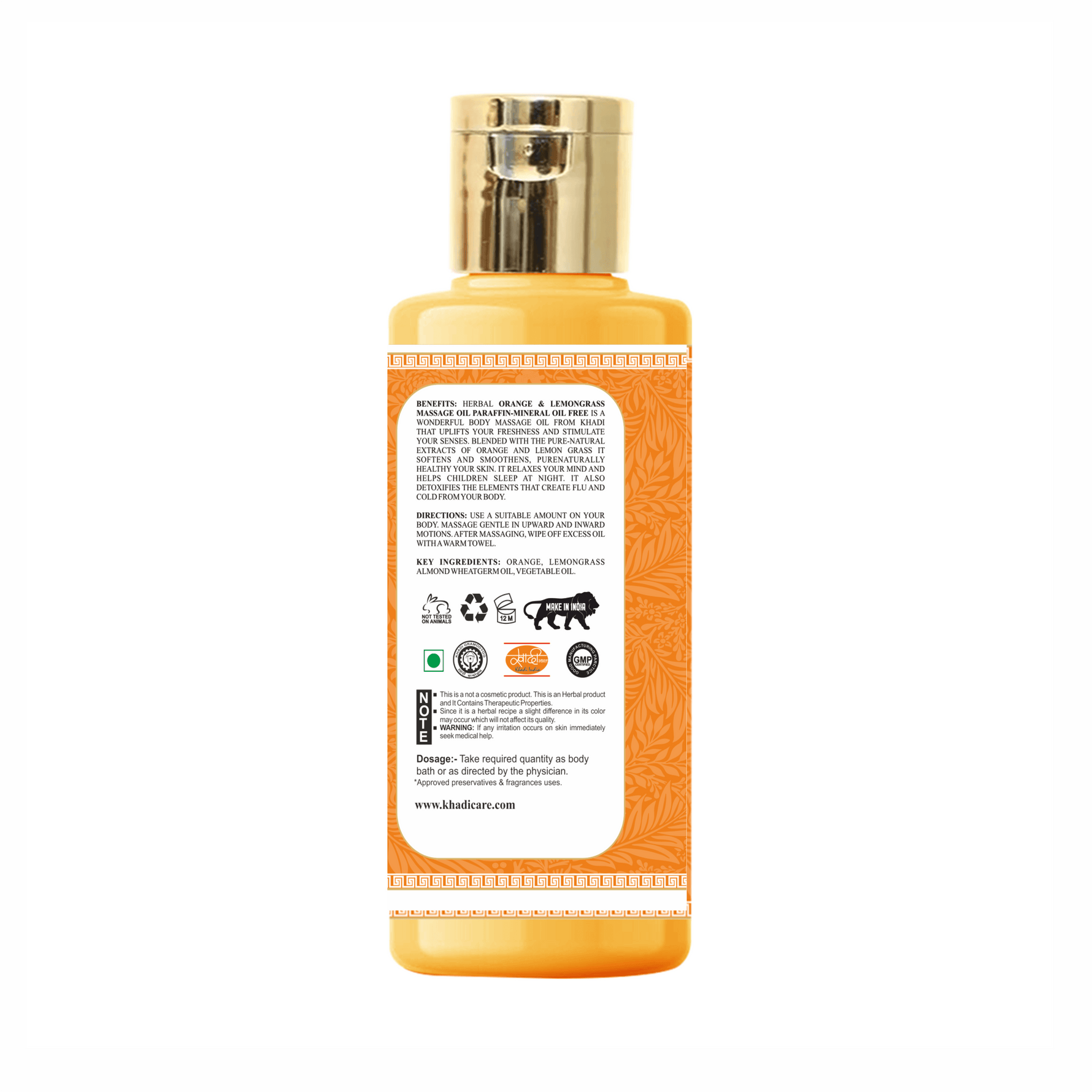 Khadi Care Orange & Lemongrass Massage Oil - 210ml Mineral Oil & Paraffin Free