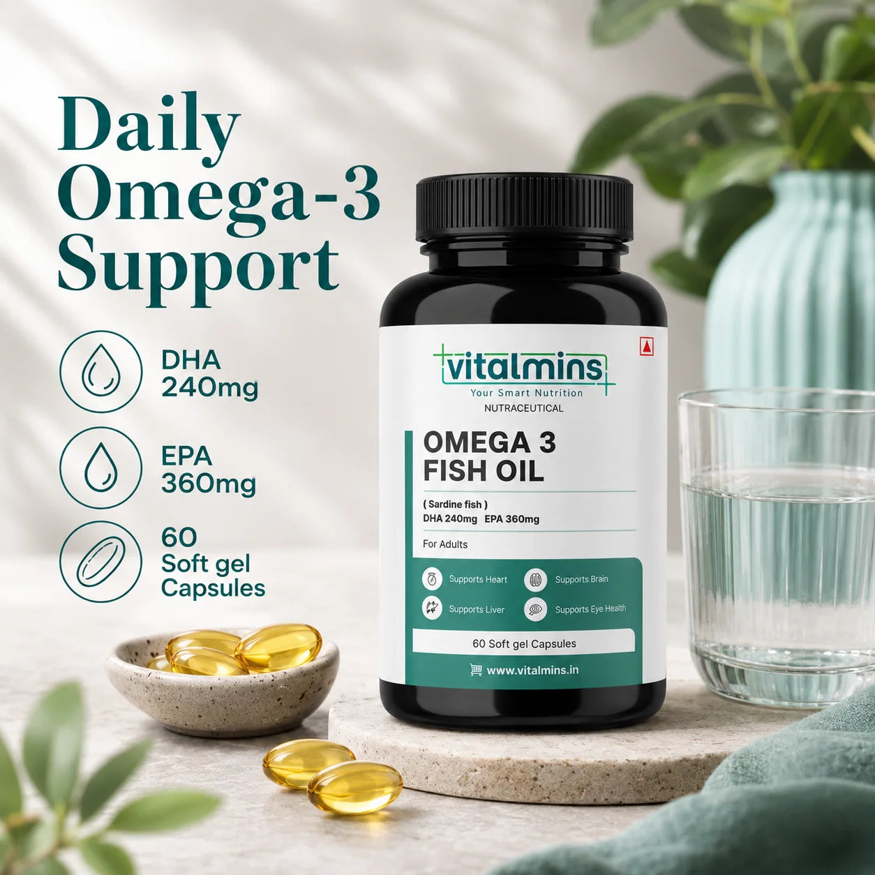 Vitalmins Omega 3 Fish Oil Softgels | High-Potency EPA & DHA for Heart, Joint, Brain & Eye Health – 60 Softgels