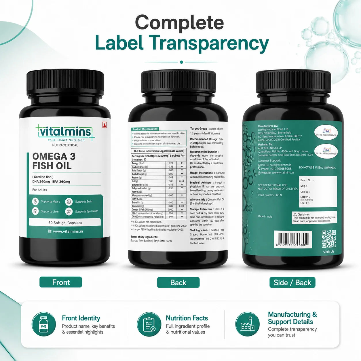 Vitalmins Omega 3 Fish Oil Softgels | High-Potency EPA & DHA for Heart, Joint, Brain & Eye Health – 60 Softgels