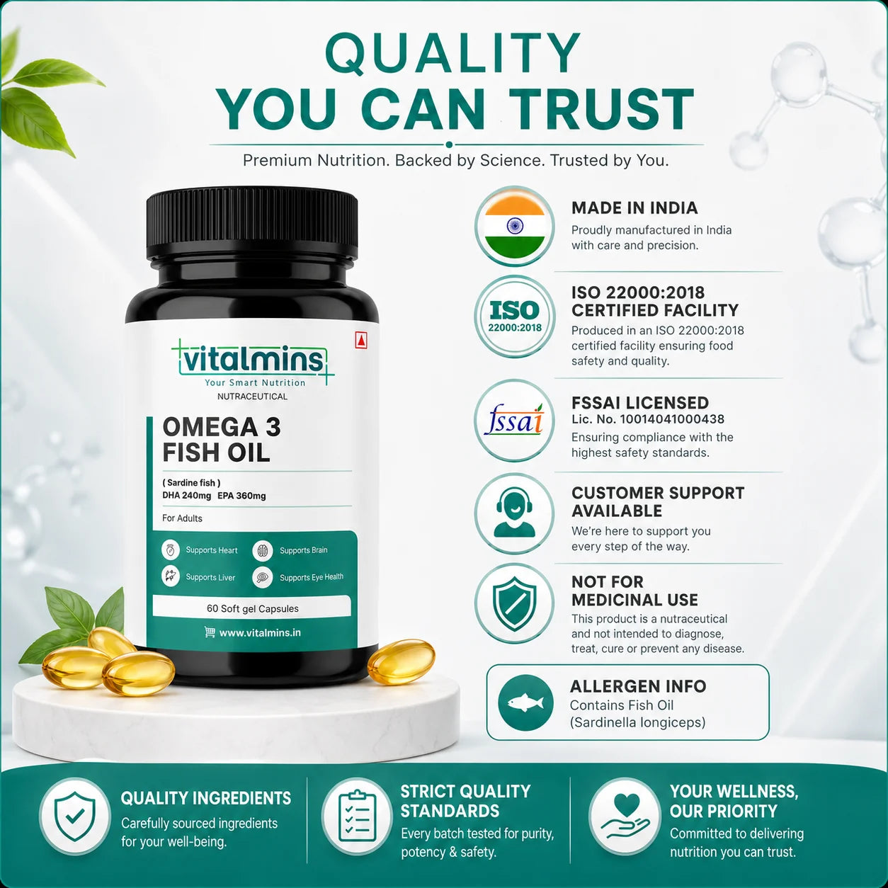 Vitalmins Omega 3 Fish Oil Softgels | High-Potency EPA & DHA for Heart, Joint, Brain & Eye Health – 60 Softgels