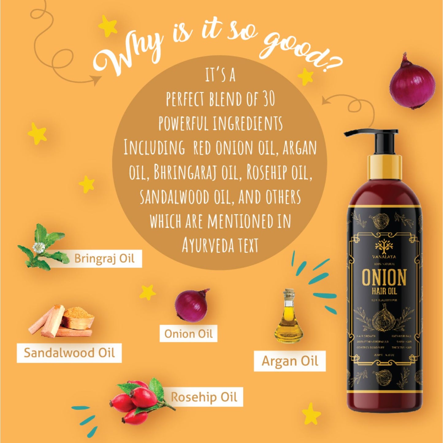 Vanalaya Onion Hair oil with Natural oils, Natural herbs and Onion Extract for Men and Women 200ml